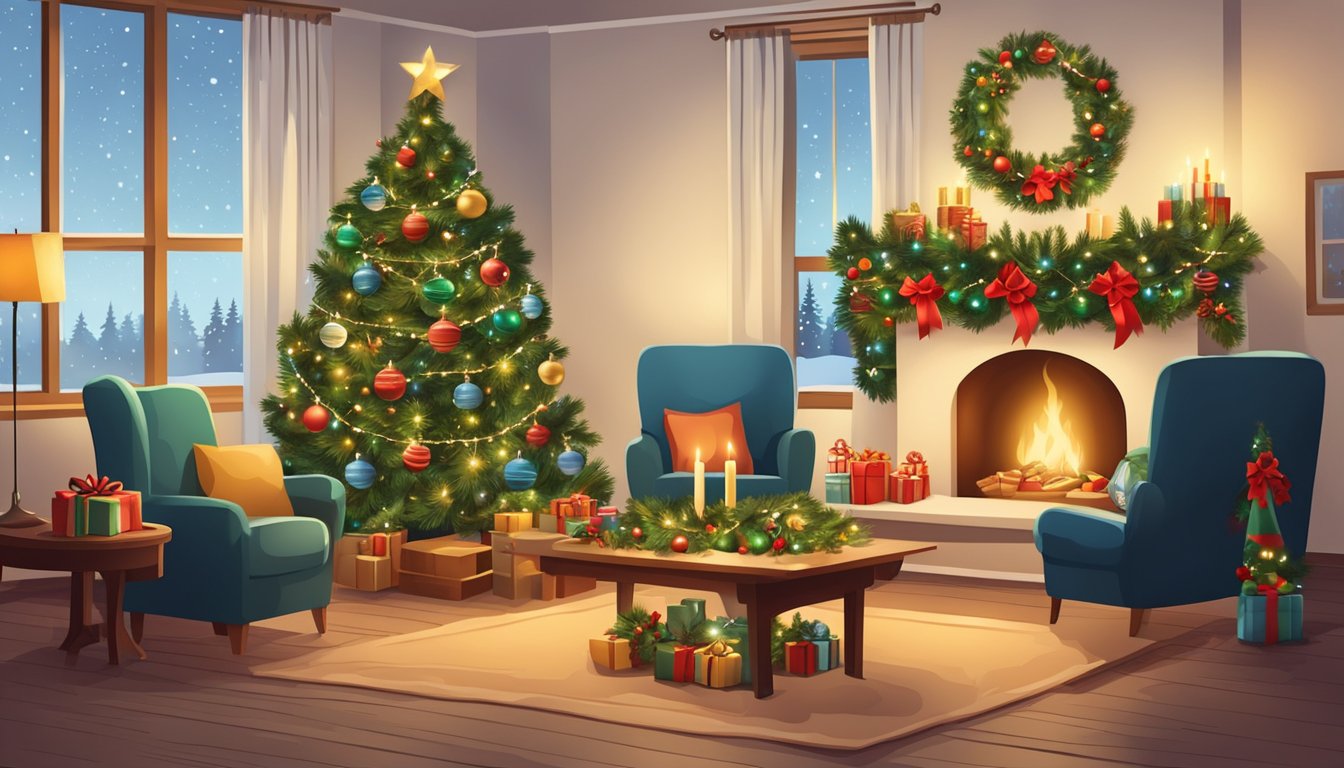 A cozy living room with a traditional German Advent wreath and Christmas tree, adorned with handmade ornaments and surrounded by festive decorations