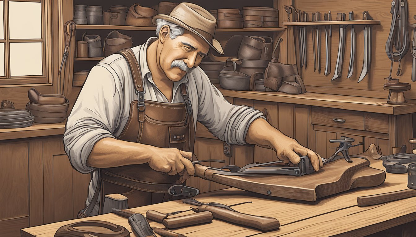 A German Texan leatherworker crafting a traditional tooling design on a saddle