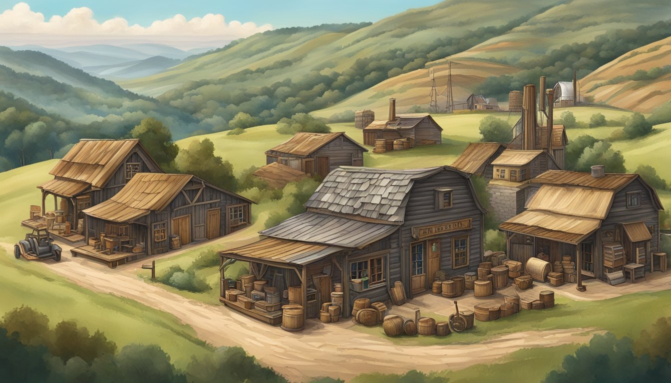 A Texan leatherworking shop nestled in the rolling hills, with German-influenced architecture and tools. The landscape shows a mix of traditional Texan and German settlement patterns