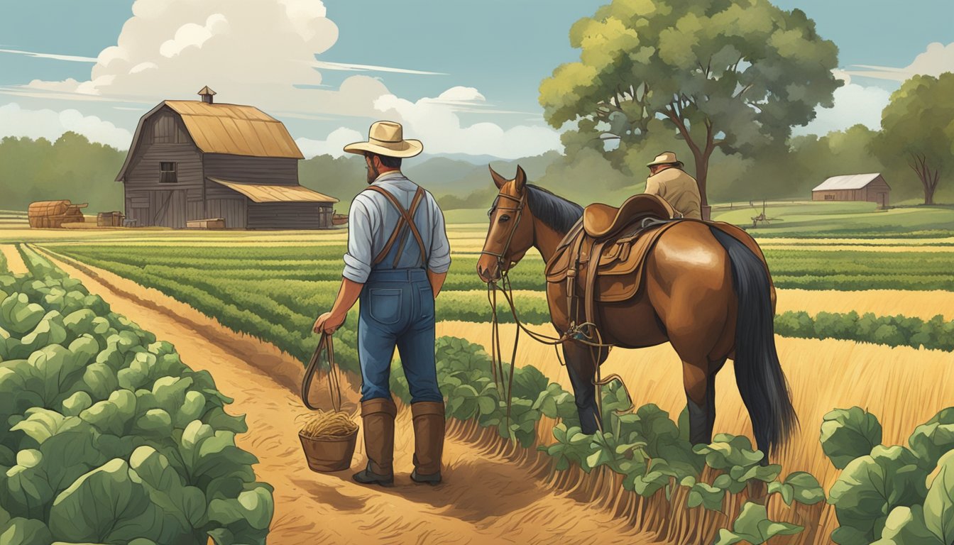 A German Texan farmer tending to crops, while a leatherworker crafts a traditional Texan saddle