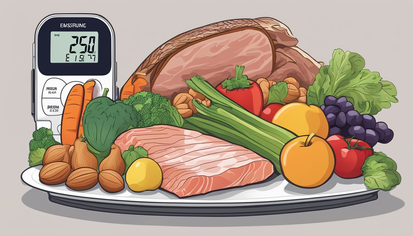 A plate filled with lean meats, fish, fruits, vegetables, and nuts. A blood pressure monitor showing lower readings in the background