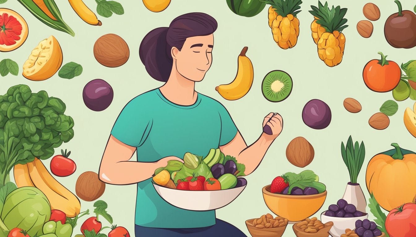 A person enjoying a variety of nuts, surrounded by fresh fruits and vegetables, exercising, and monitoring blood pressure at home