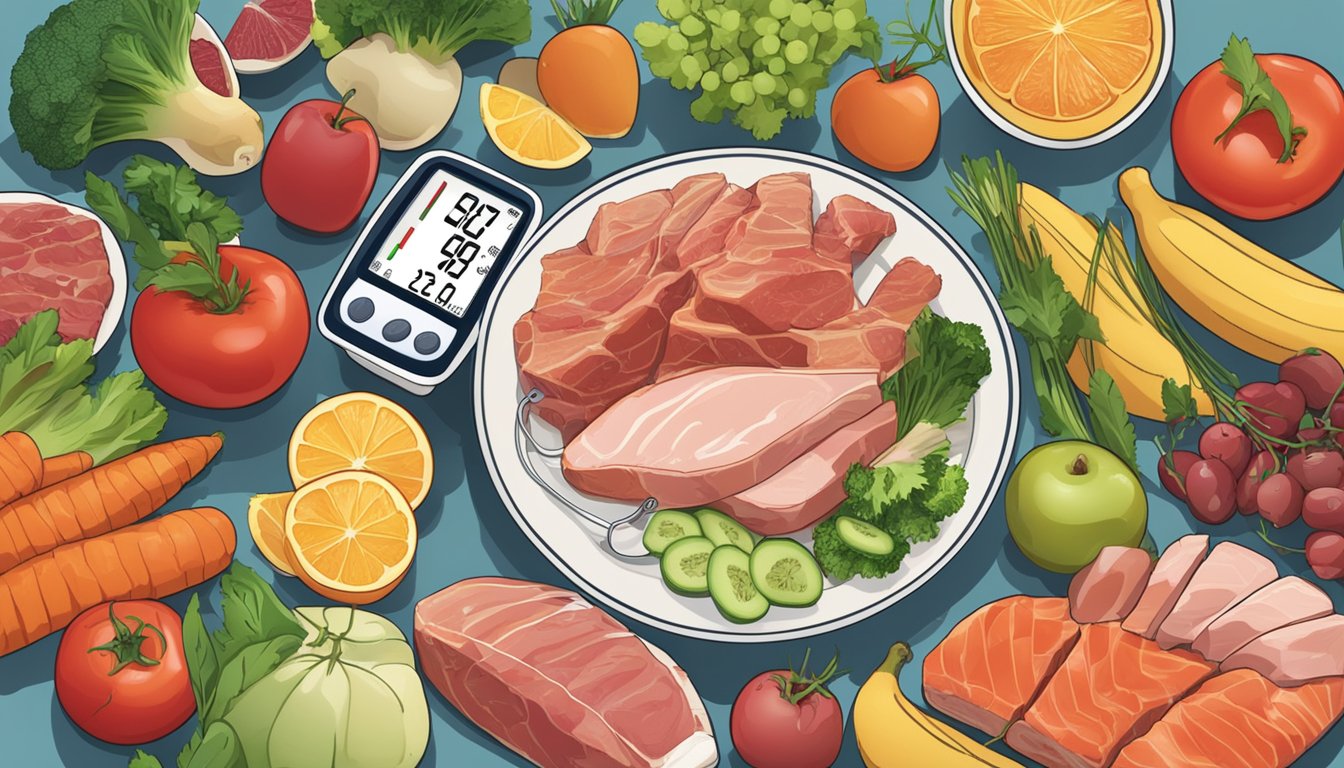 A plate filled with lean meats, fish, fruits, and vegetables, with a blood pressure monitor nearby