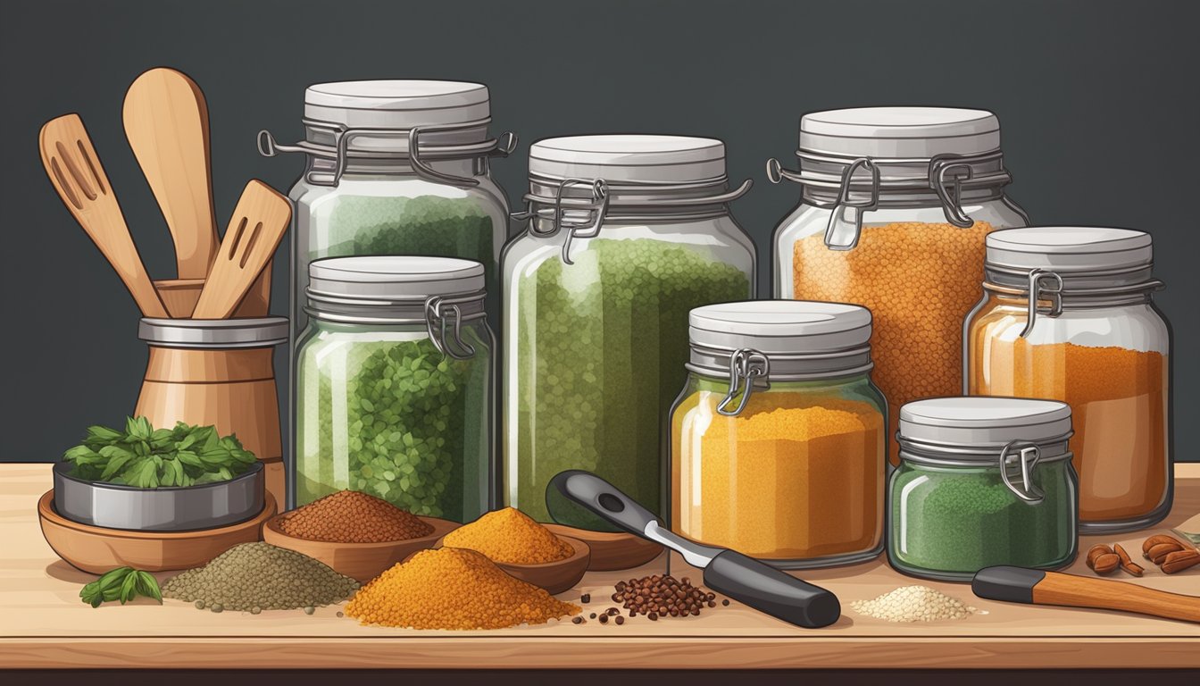 A kitchen counter with various colorful jars of low sodium seasonings and spices arranged neatly in front of a cutting board and a set of cooking utensils