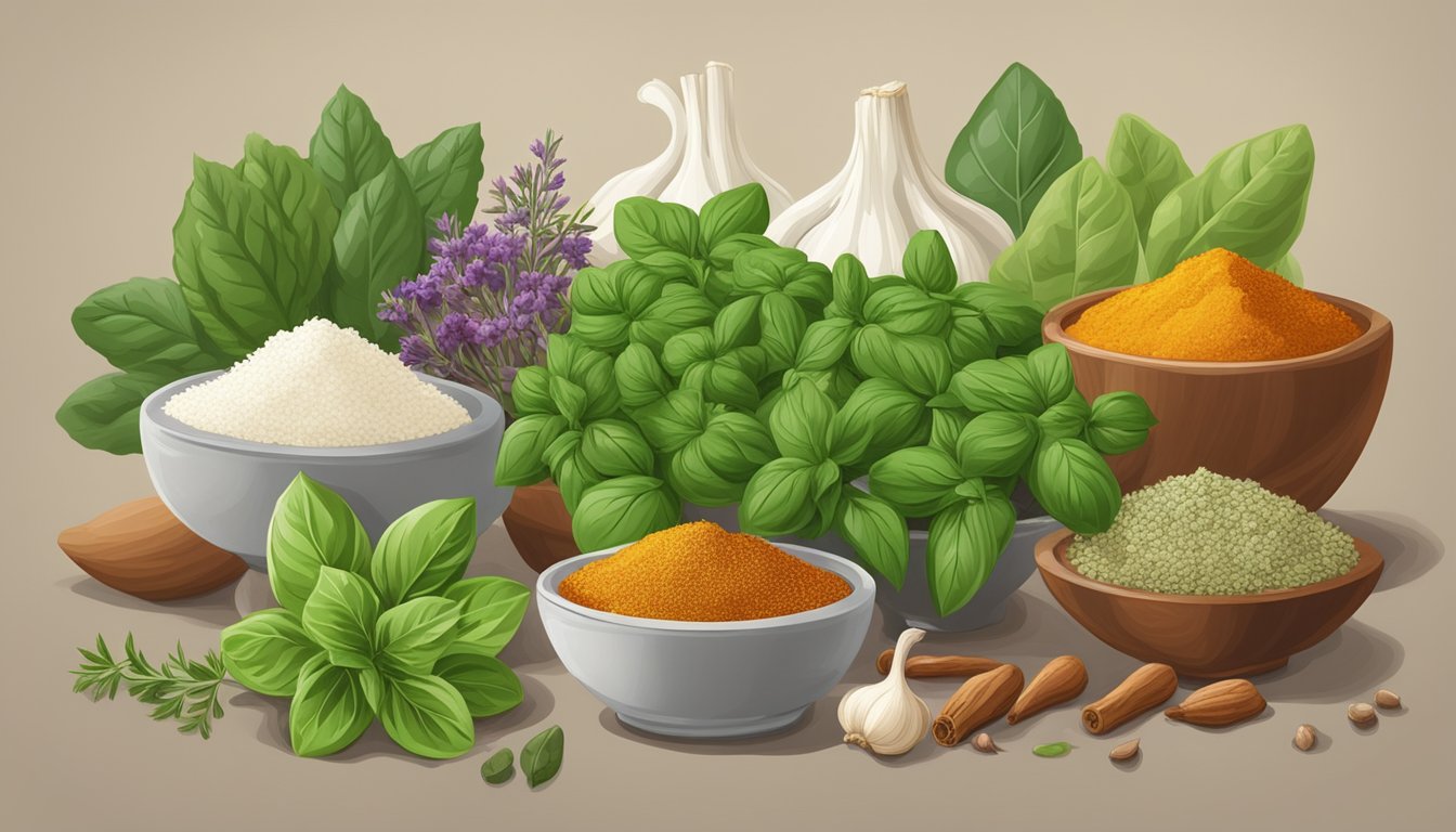 A colorful array of fresh herbs and spices arranged on a kitchen counter, including garlic, basil, oregano, and paprika