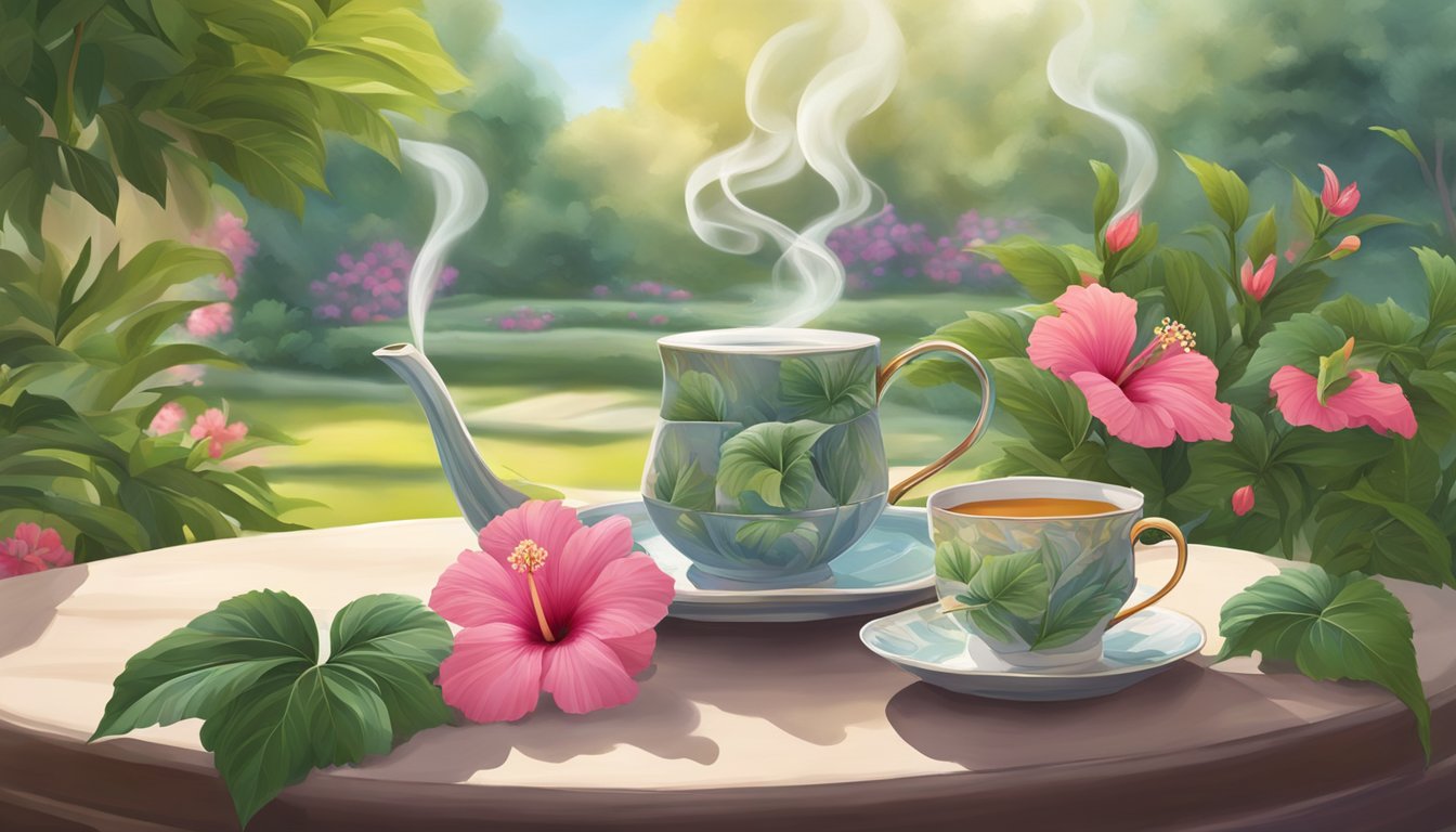 A serene garden with hibiscus flowers and a steaming cup of tea, surrounded by a peaceful atmosphere