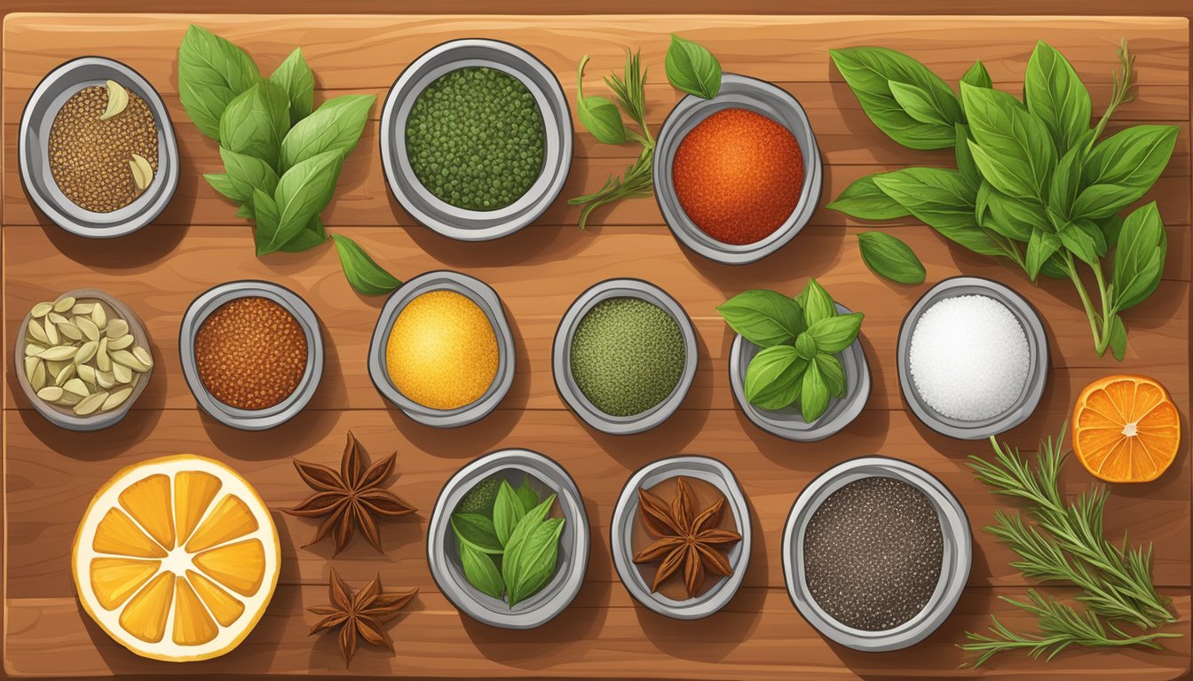 A variety of low sodium seasoning options arranged on a wooden cutting board, including herbs, spices, and citrus fruits