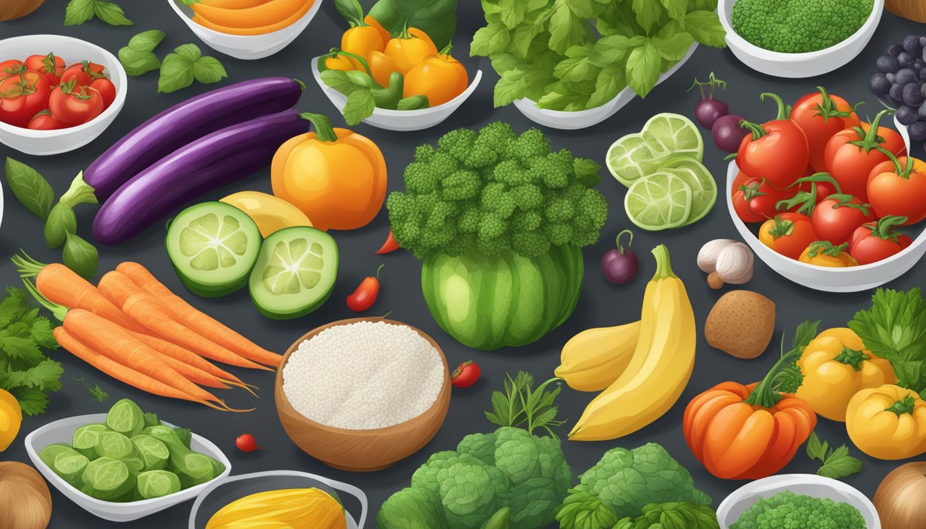 A colorful array of fresh vegetables, fruits, and lean proteins being prepared and cooked with various herbs and spices to create a delicious and healthy low-sodium meal