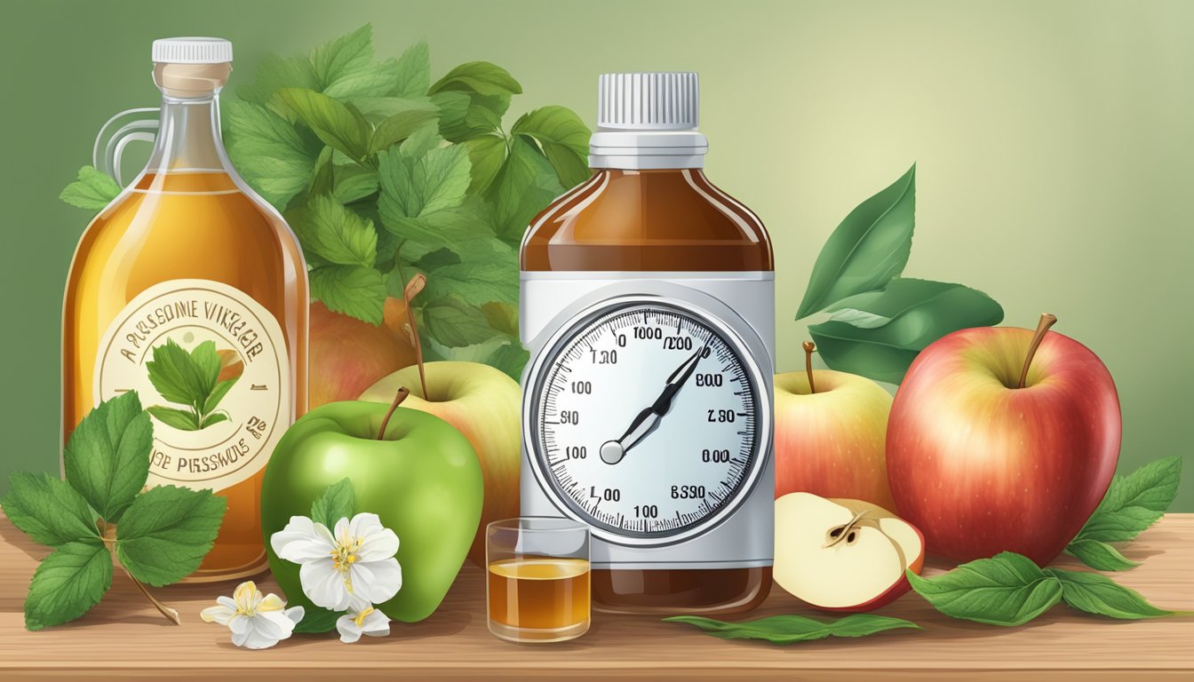 A bottle of apple cider vinegar surrounded by various other natural remedies, with a blood pressure monitor in the background