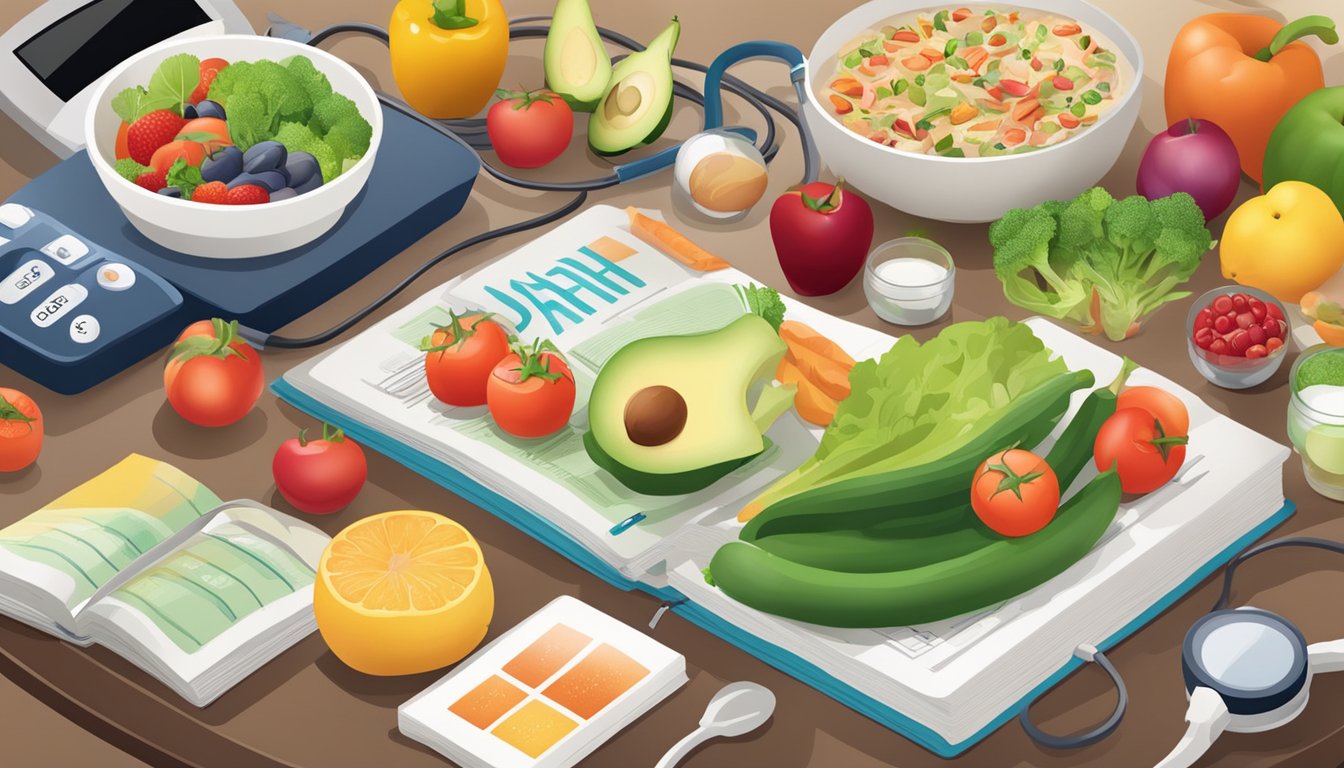 A table with various diet books, including the DASH diet, surrounded by blood pressure monitors and healthy food items