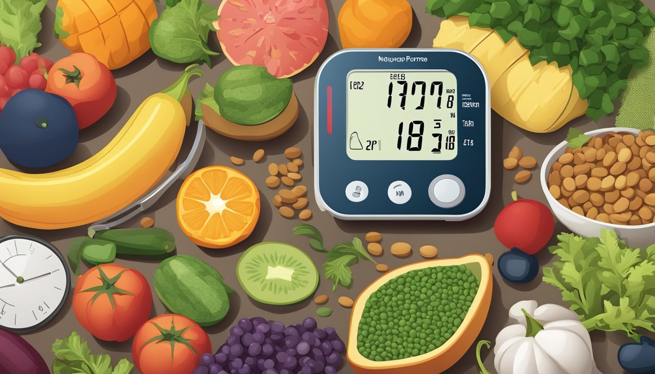 A colorful array of fruits, vegetables, whole grains, and legumes on a table, with a measuring tape wrapped around a blood pressure monitor