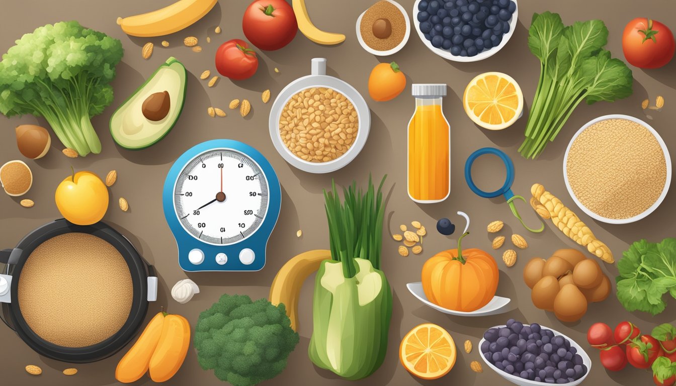 A table with a variety of high-fiber foods such as whole grains, fruits, and vegetables, alongside a blood pressure monitor and exercise equipment