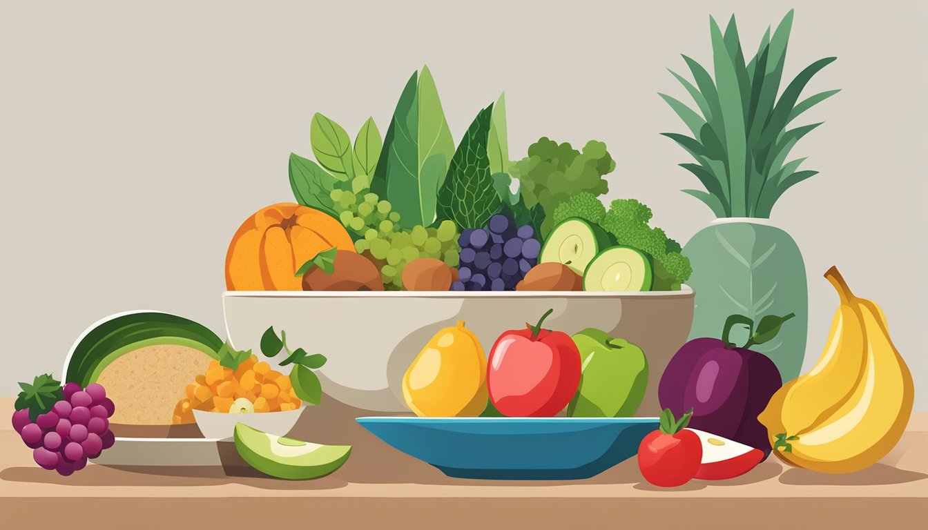 A bowl of colorful fruits and vegetables arranged next to a plate of whole grain bread and a glass of water, symbolizing a fiber-rich diet for managing high blood pressure