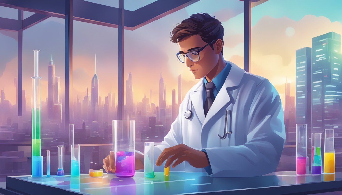 A scientist in a lab coat examines a test tube filled with colorful liquid, while a futuristic city skyline is visible through the window behind them