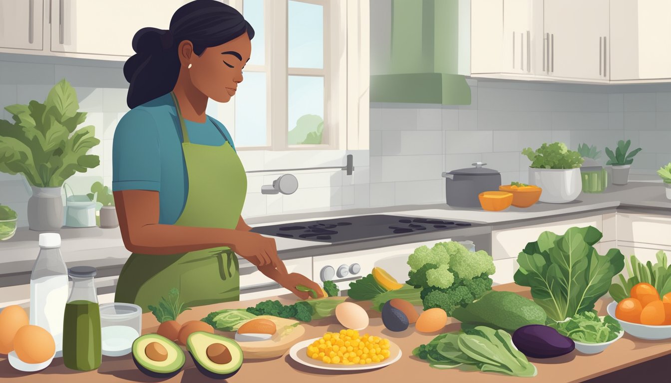 A person preparing a meal with a variety of low-carb, high-fat foods such as avocados, eggs, and leafy greens, while avoiding high-sodium ingredients