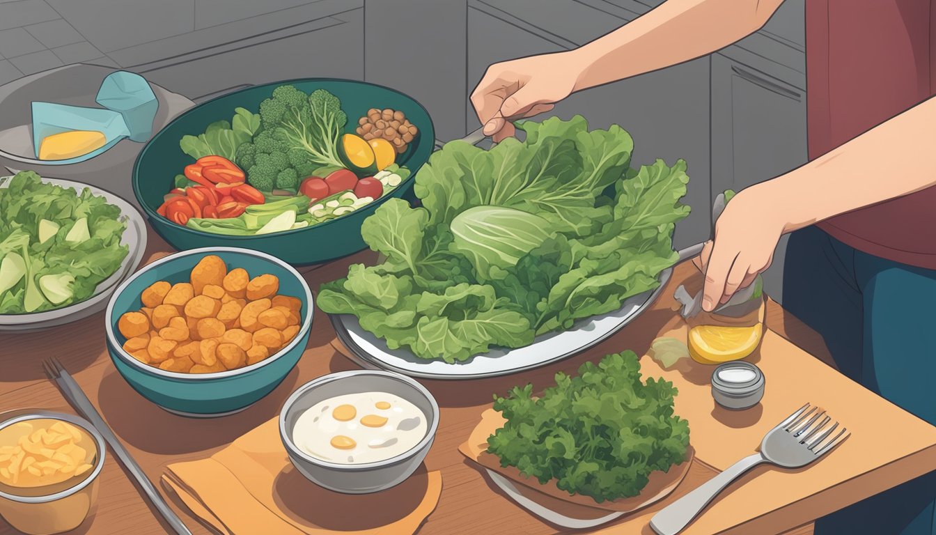 A person preparing and eating a meal consisting of healthy, low-carb, and high-fat ketogenic diet-friendly foods, such as leafy greens, lean protein, and healthy fats