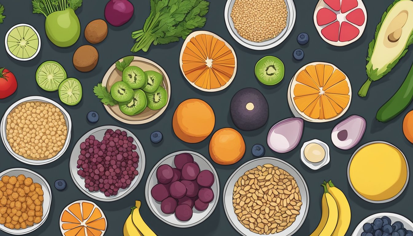 A kitchen counter with various colorful fruits, vegetables, whole grains, and lean proteins laid out for meal prep