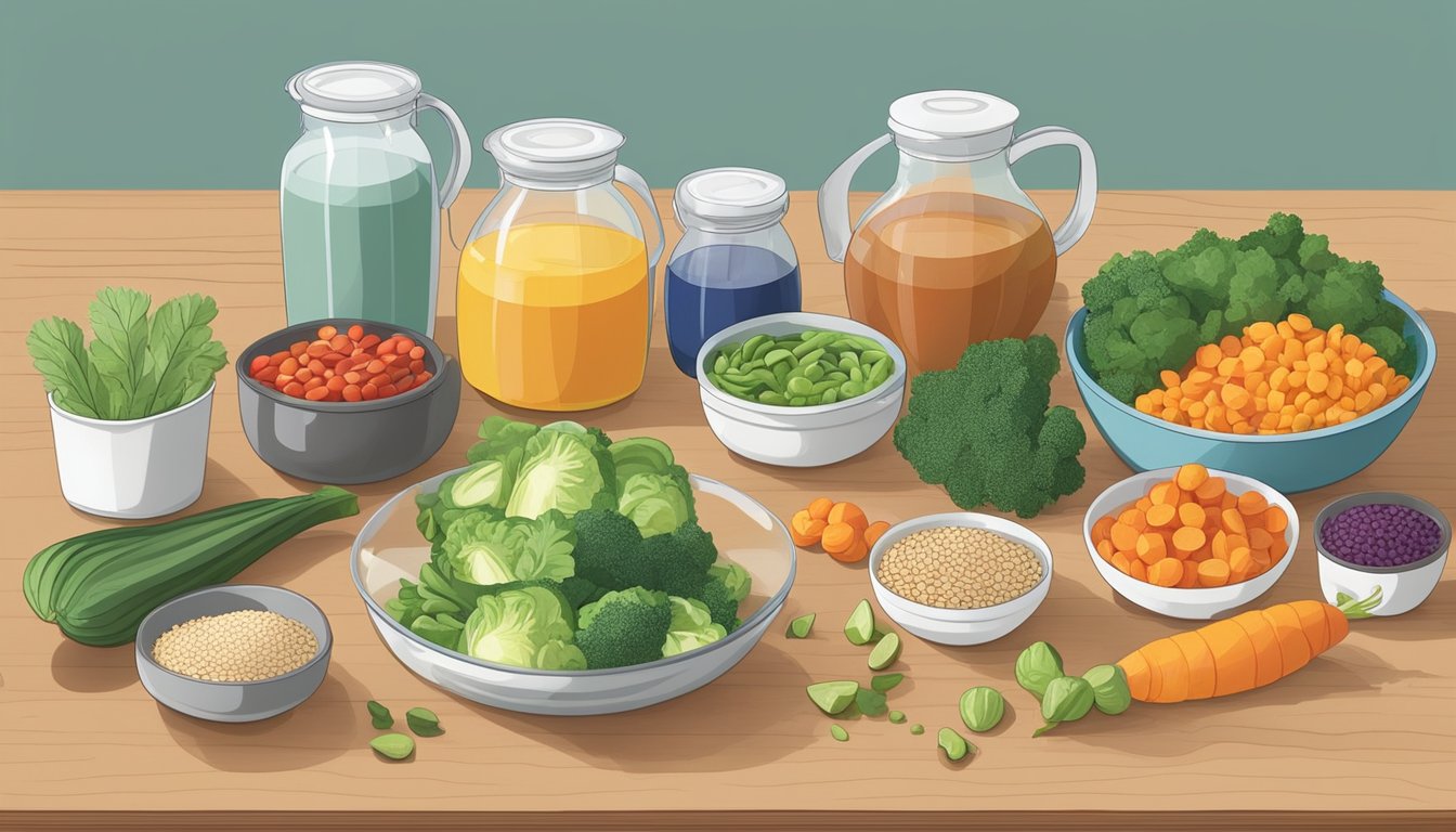 A kitchen counter with colorful vegetables, lean proteins, and whole grains neatly organized in portioned containers. A measuring cup and cutting board are nearby