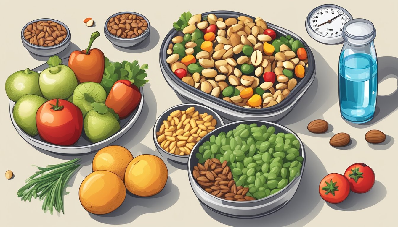 A table with a variety of low-sodium snacks such as unsalted nuts, fresh fruits, and vegetables, alongside a glass of water and a blood pressure monitor