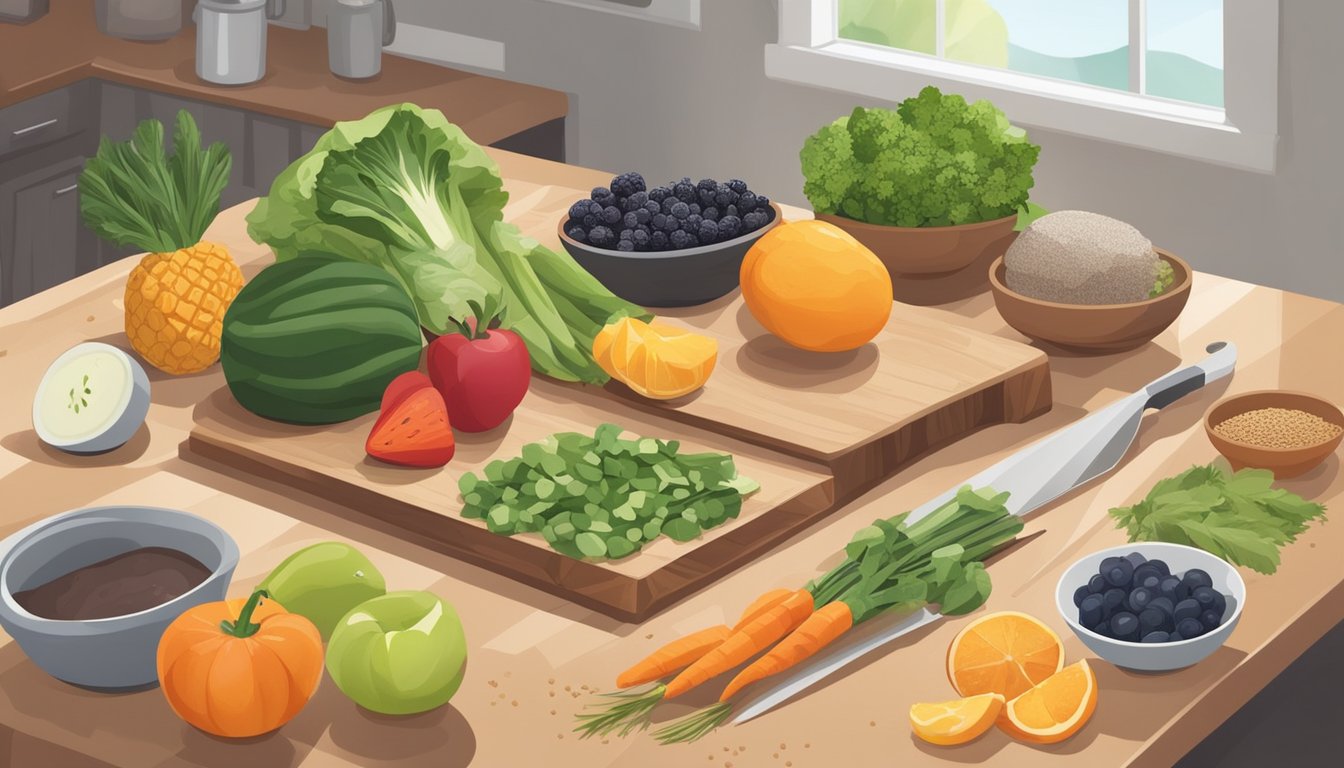 A kitchen counter with a variety of fresh fruits, vegetables, whole grains, lean proteins, and herbs. A cutting board and knife are nearby for meal prep