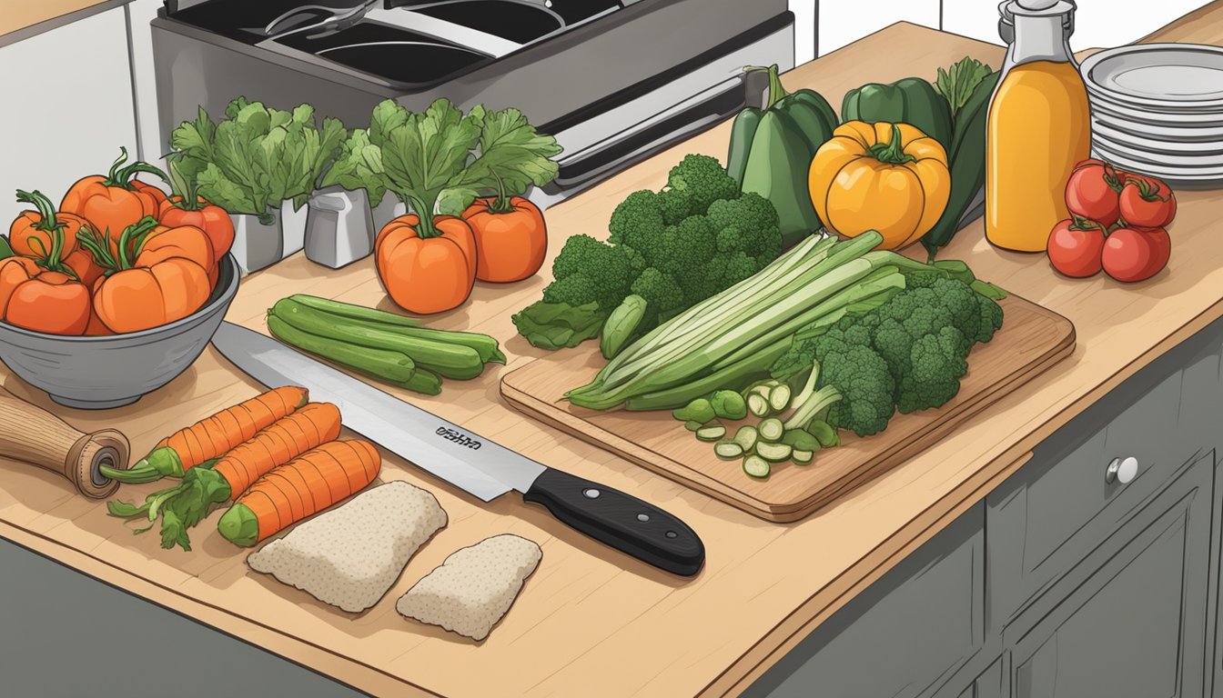 A kitchen counter with fresh vegetables, lean proteins, and whole grains laid out for meal prep. A cutting board and knife are ready for preparation