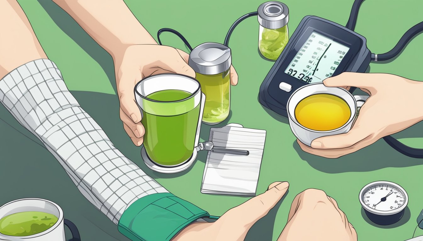 A person holding a cup of green tea next to various other beverages, with a blood pressure monitor in the background