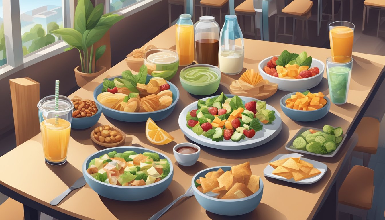 A table with a variety of healthy snack options and low-sodium beverages, surrounded by a restaurant setting with a focus on balanced and mindful eating