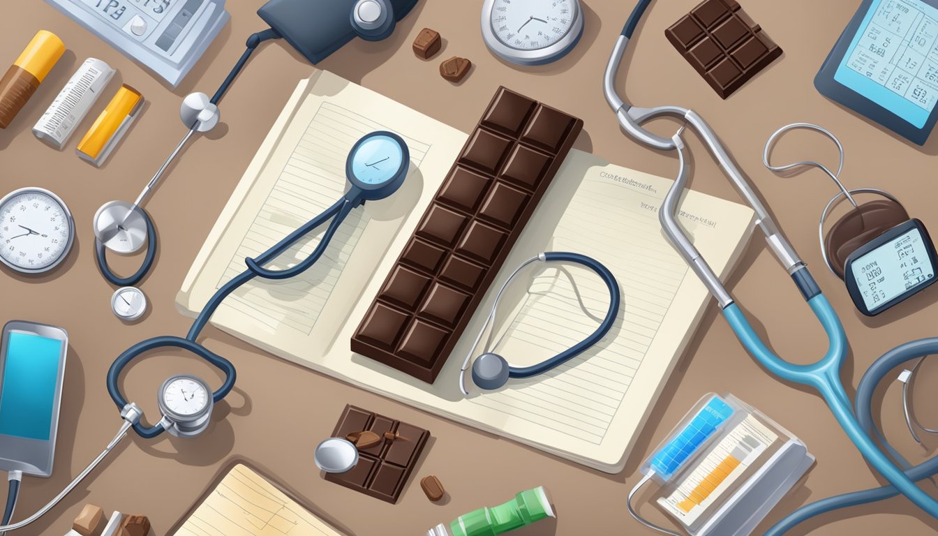 A dark chocolate bar surrounded by blood pressure monitoring equipment and medical literature