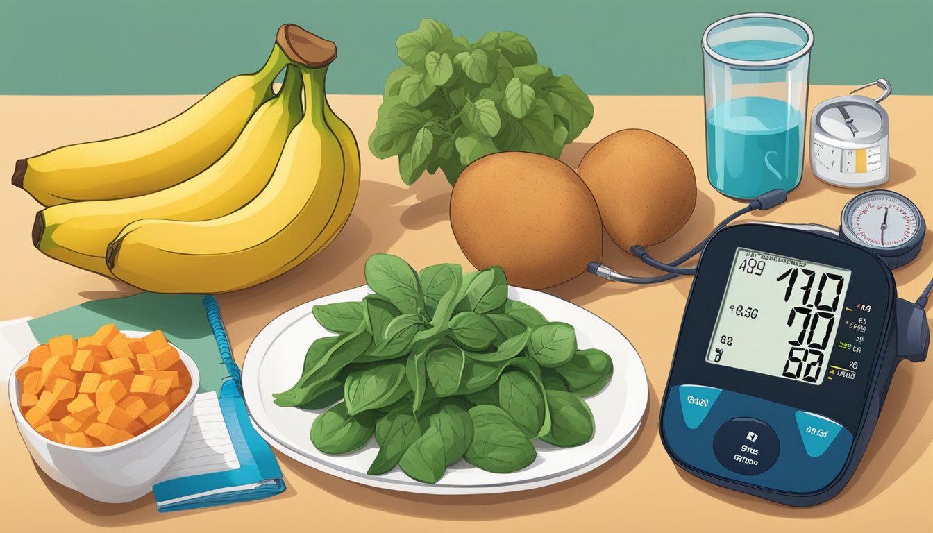 A colorful array of potassium-rich foods, such as bananas, spinach, and sweet potatoes, arranged on a table with a blood pressure monitor and a diabetes management guide nearby