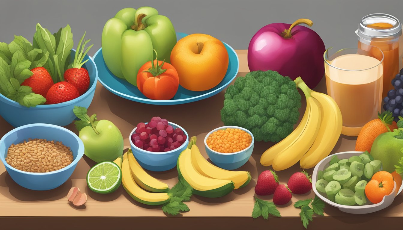 A colorful array of fruits, vegetables, whole grains, and lean proteins arranged on a table, with a measuring tape and blood pressure monitor nearby