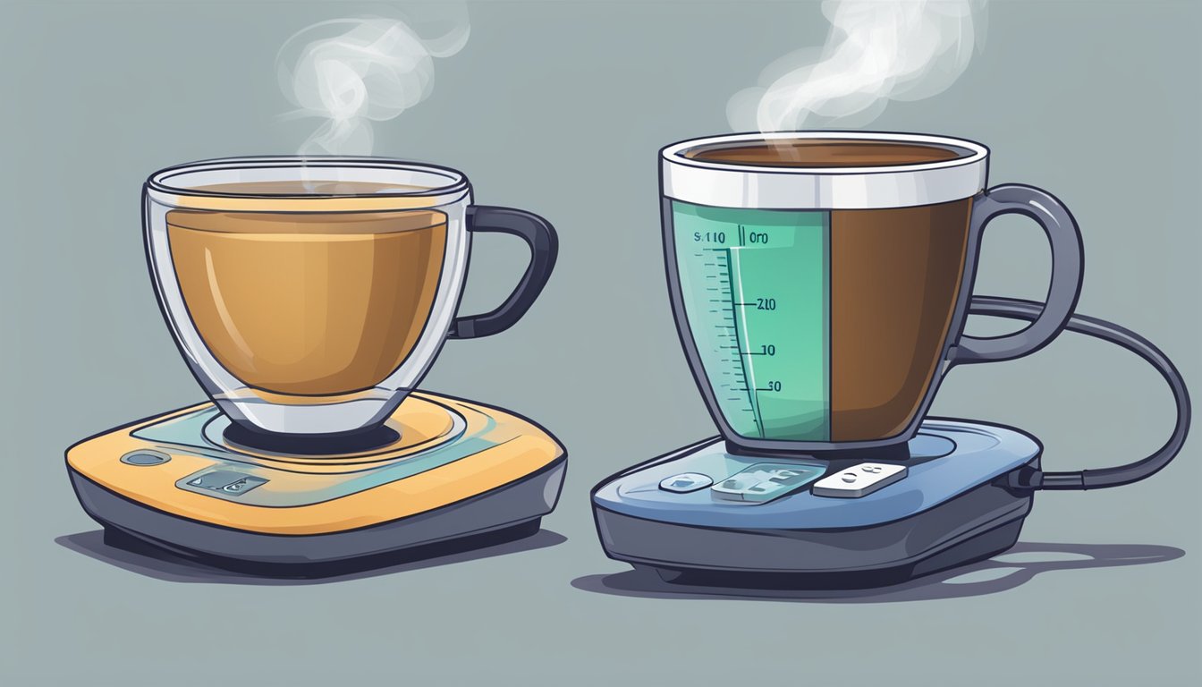 A steaming cup of coffee and tea sit side by side, emitting aromatic vapors. A blood pressure monitor displays fluctuating readings