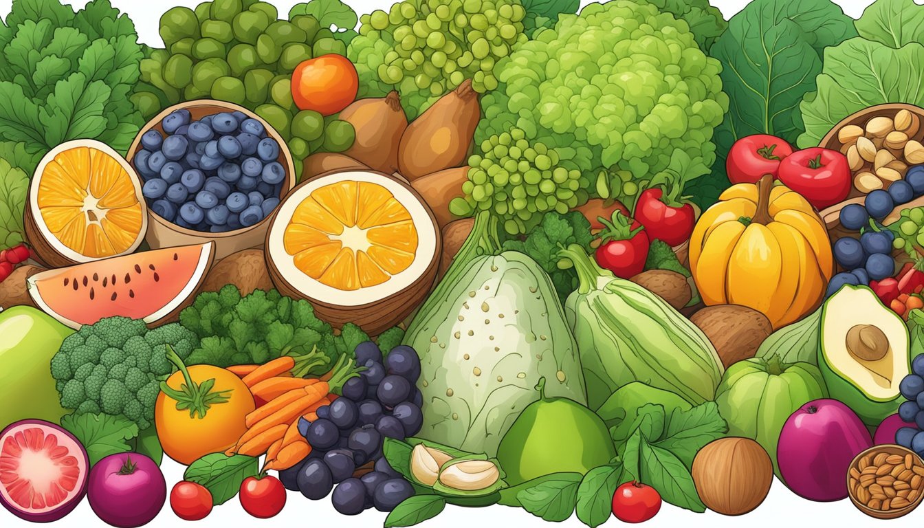 A colorful array of fruits, vegetables, nuts, and seeds arranged on a table, with a variety of leafy greens and vibrant produce showcasing the key nutrients found in vegan and vegetarian diets