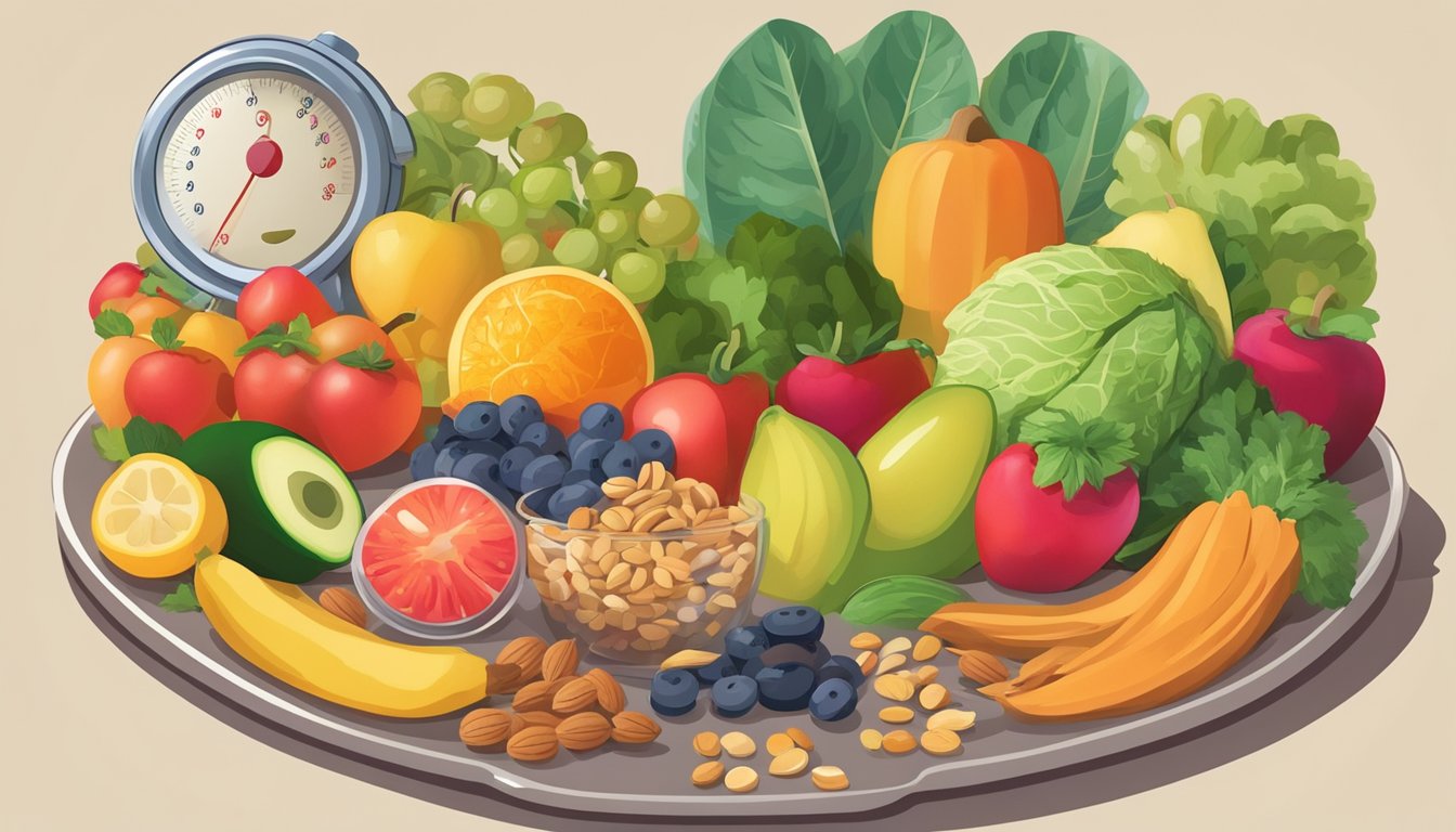 A colorful plate filled with various fruits, vegetables, legumes, and grains, surrounded by heart-healthy foods like nuts and seeds. A measuring tape and blood pressure monitor are nearby