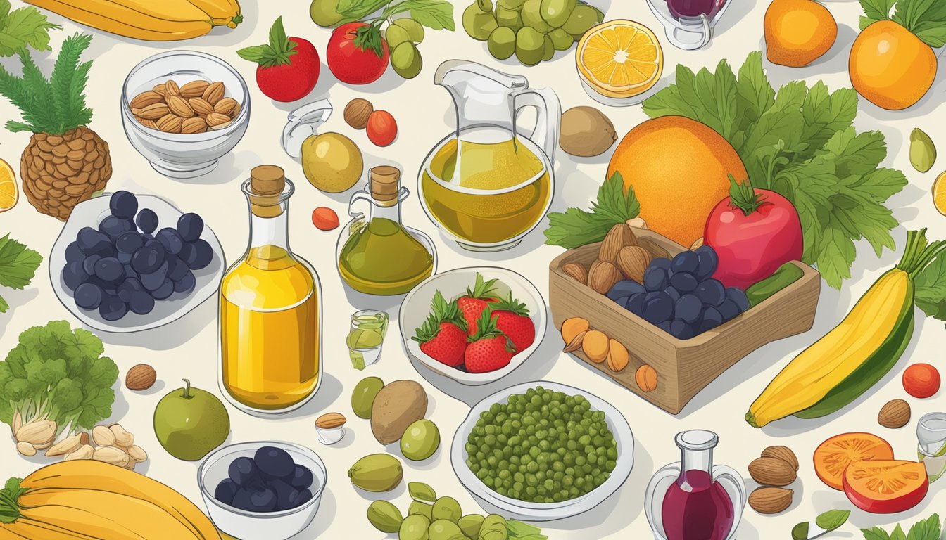 A table filled with colorful fruits, vegetables, nuts, and olive oil, surrounded by scientific studies and charts showing the impact of the Mediterranean diet on hypertension risk