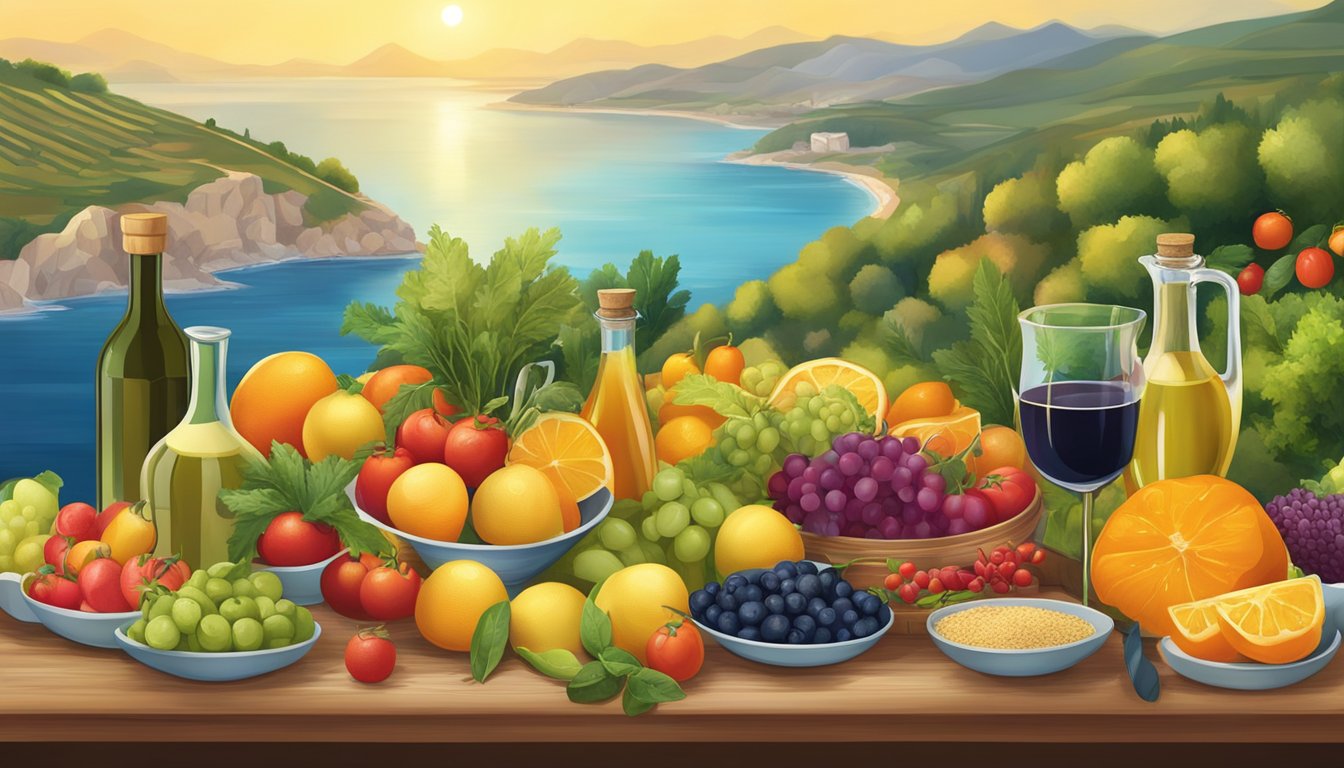 A table filled with colorful fruits, vegetables, olive oil, whole grains, and fish, surrounded by a serene Mediterranean landscape