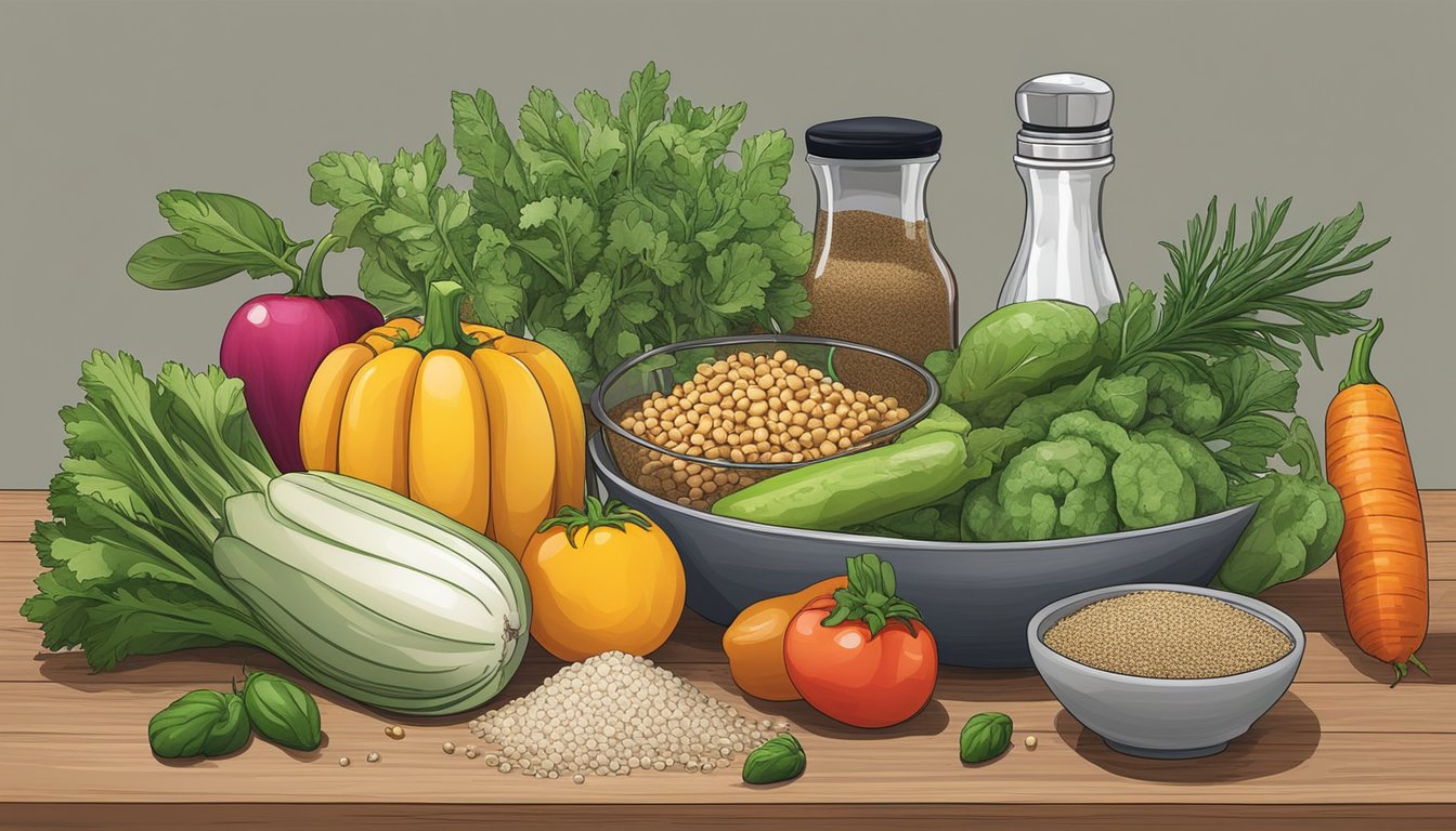 A kitchen counter with various fresh vegetables, fruits, and whole grains, alongside a variety of herbs and spices. A salt shaker pushed to the side