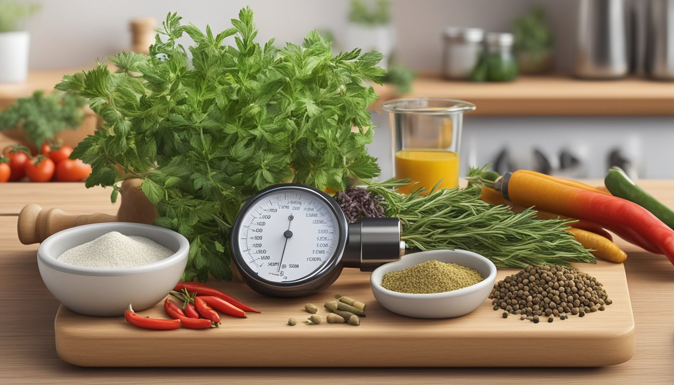 A variety of herbs and spices arranged on a wooden cutting board, with a blood pressure monitor placed nearby