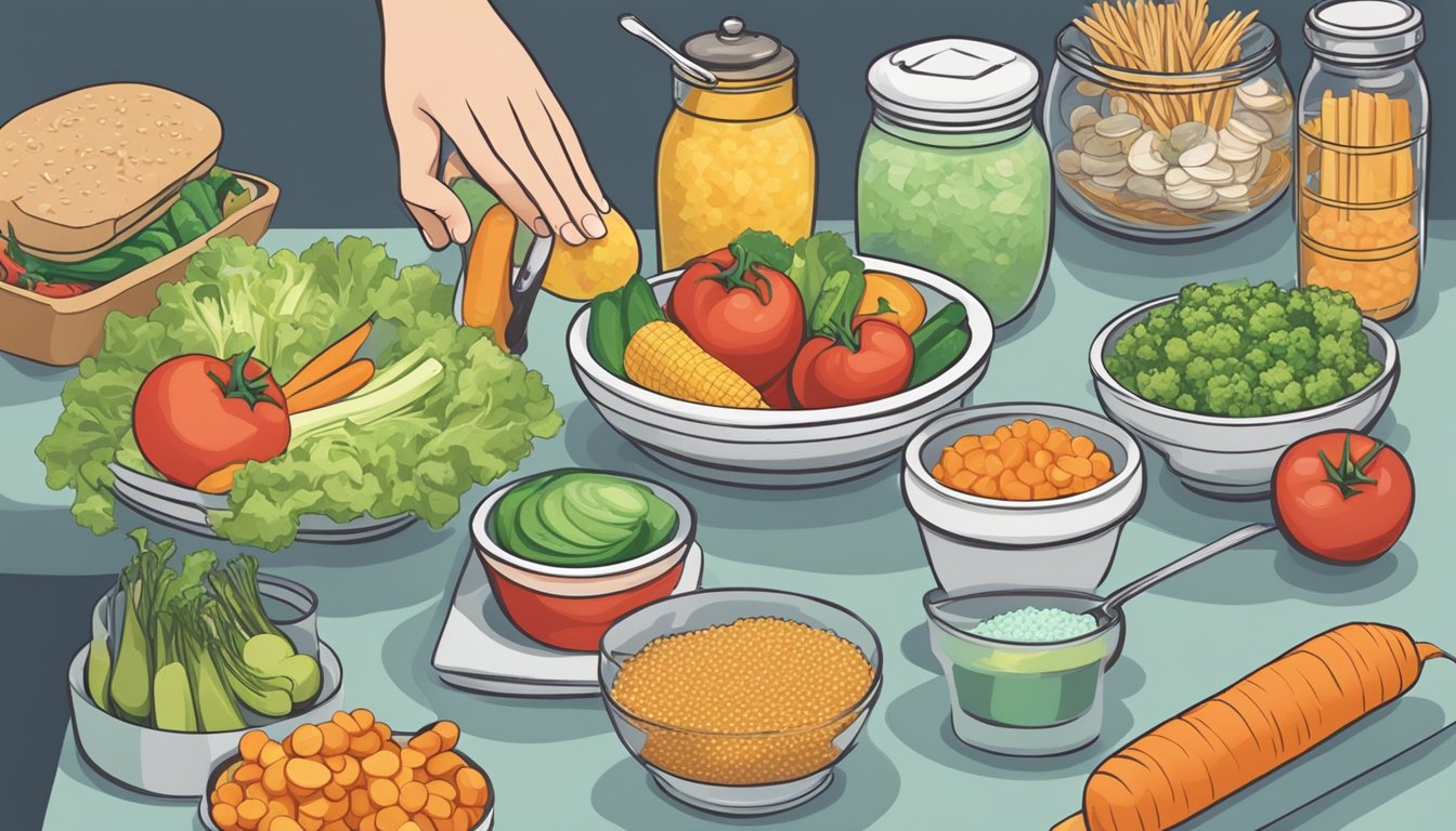 A table with various low-sodium foods, a salt shaker being pushed away, and a person choosing vegetables over processed snacks