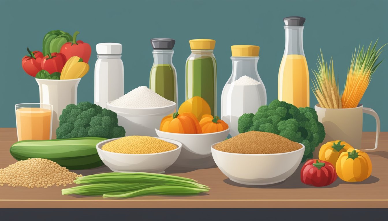 A kitchen table with various low-sodium food options such as fresh vegetables, fruits, and whole grains. A salt shaker is pushed to the side