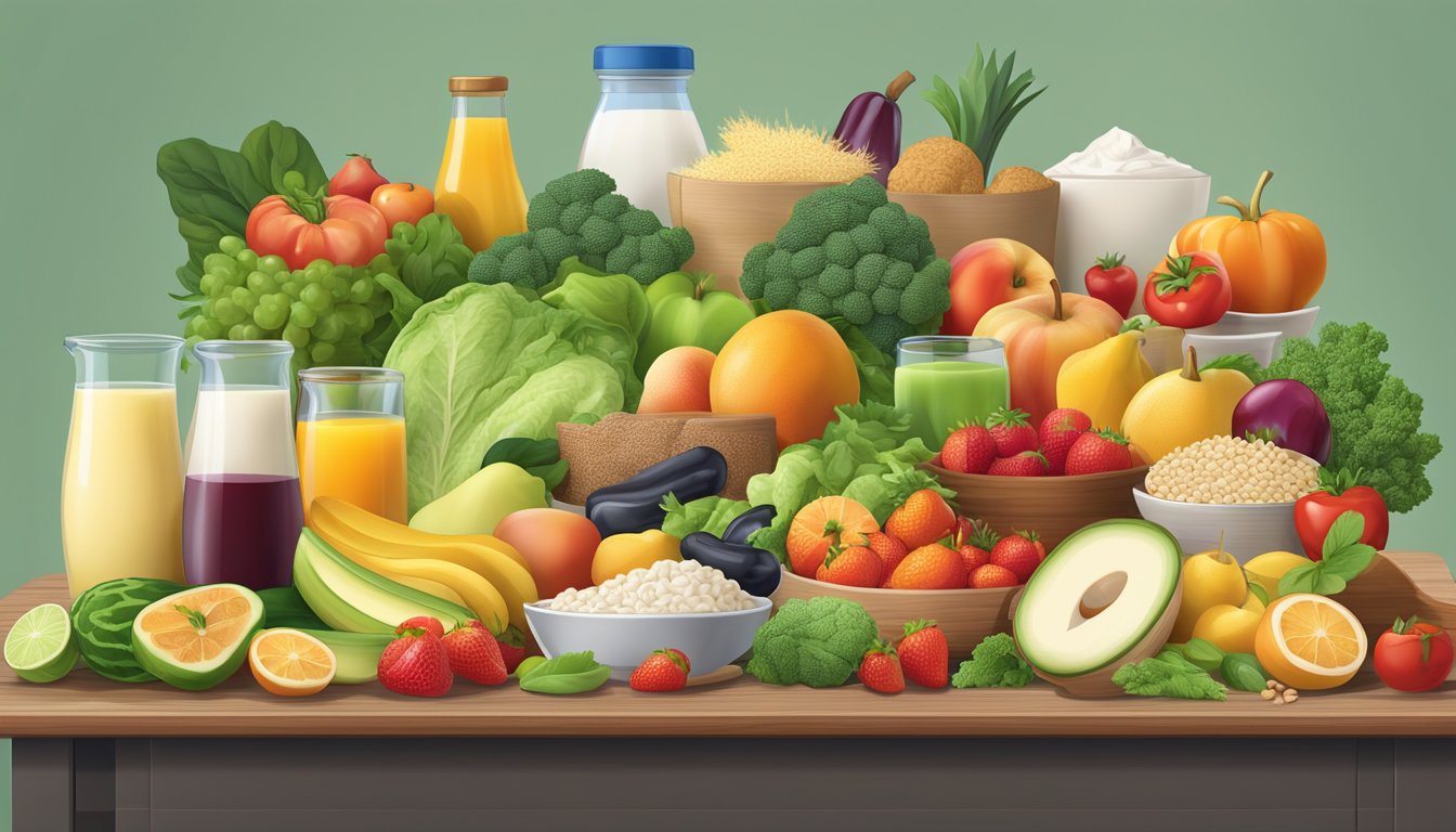 A table filled with fresh fruits, vegetables, whole grains, lean proteins, and low-fat dairy products, with a prominent focus on colorful and nutrient-rich foods