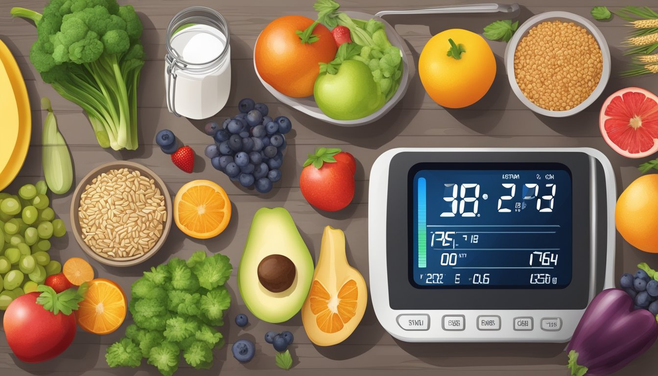 A table with colorful fruits, vegetables, whole grains, lean proteins, and low-fat dairy, surrounded by a measuring tape and blood pressure monitor