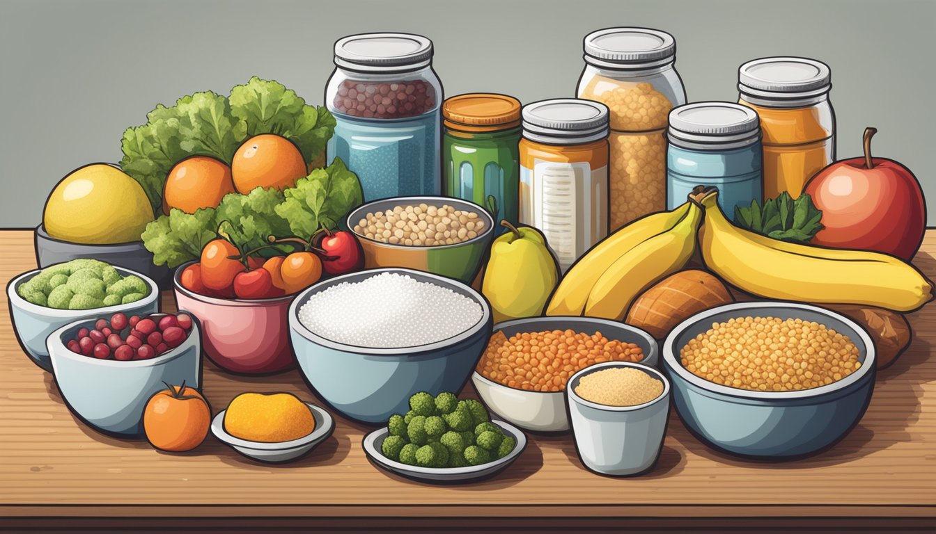 A table with salt, processed foods, and canned goods crossed out. Fruits, vegetables, and whole grains are highlighted