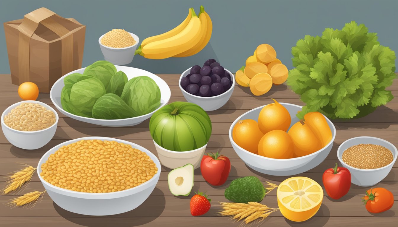 A table with fruits, vegetables, and whole grains. Avoid salty snacks and processed foods