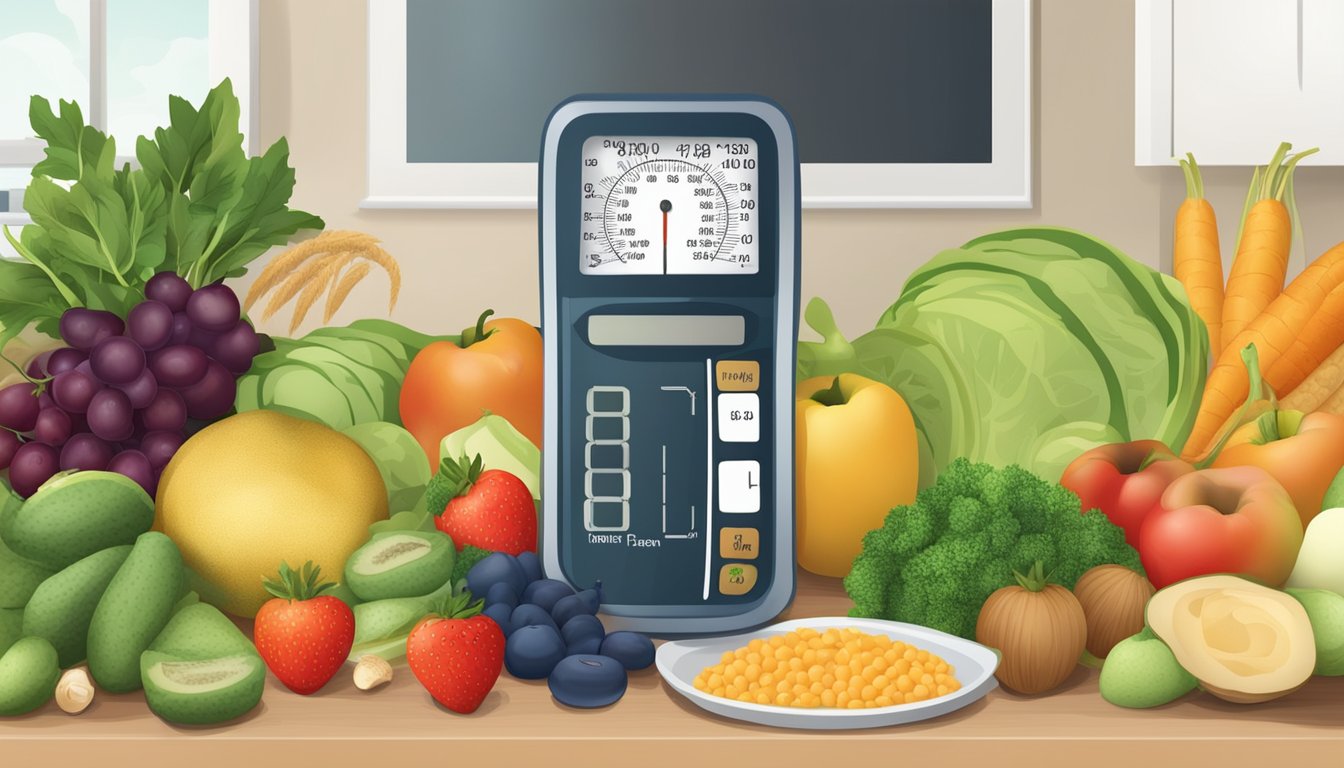 A table with a variety of fruits, vegetables, whole grains, and lean proteins, with a blood pressure monitor in the background