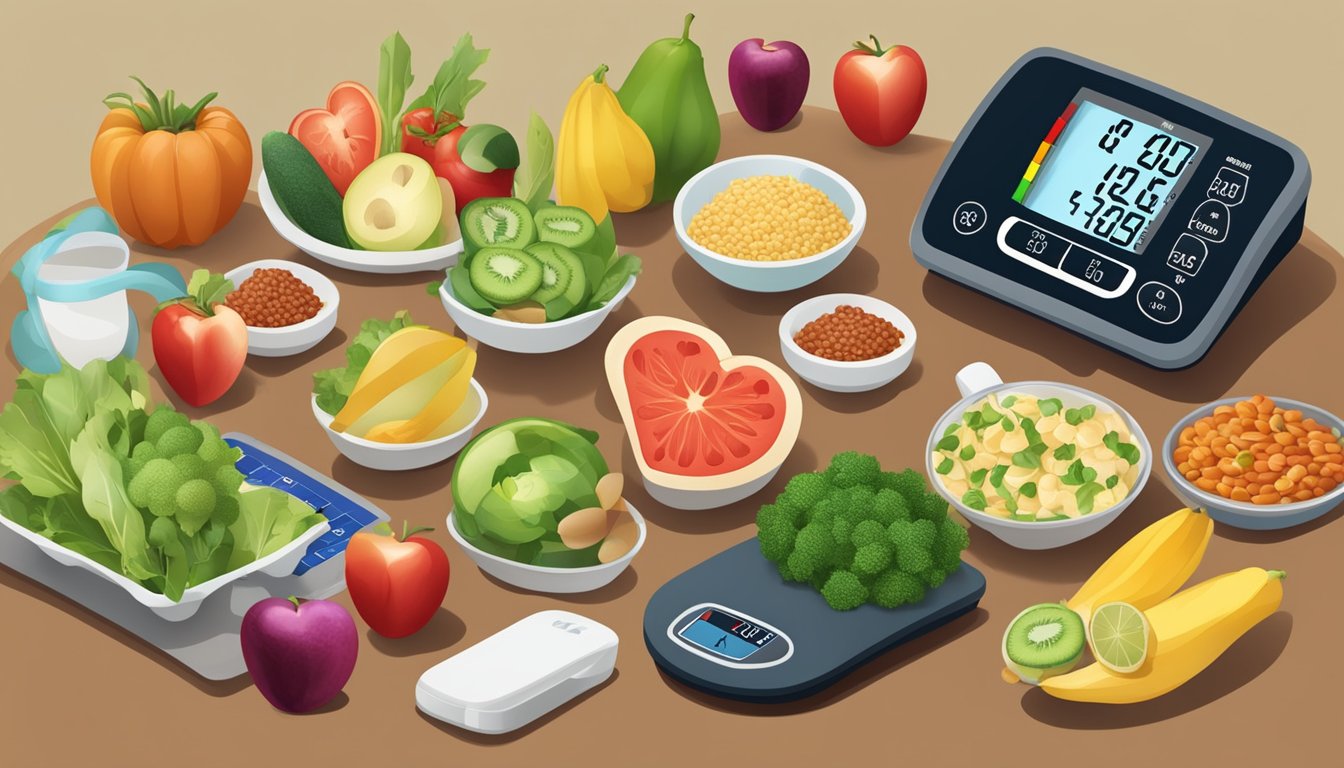 A table with a variety of heart-healthy foods, blood pressure monitor, and exercise equipment