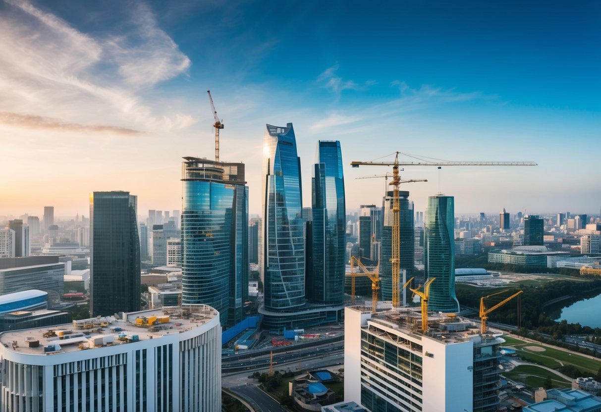 Un paysage urbain animé avec une architecture moderne et des chantiers de construction, mettant en avant la mise en œuvre de nouvelles mesures de passation de marchés publics.