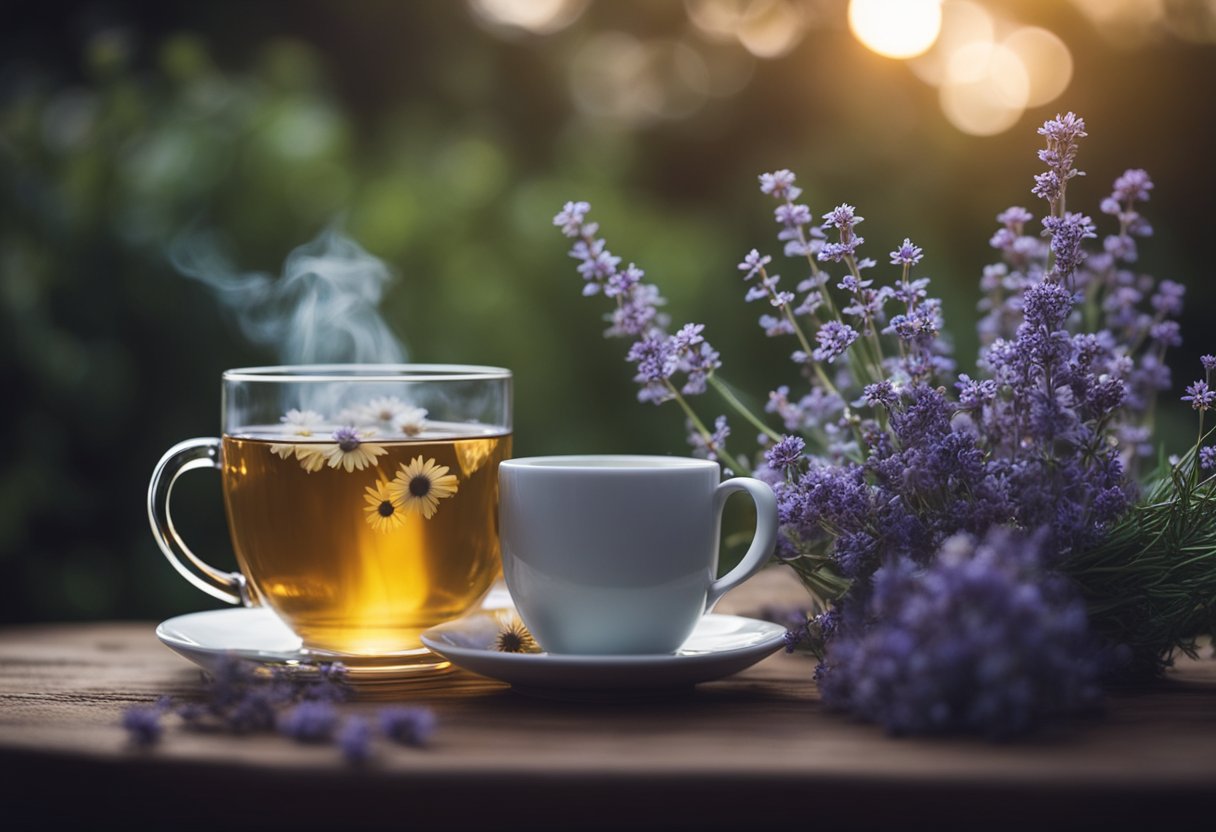 A serene nighttime scene with a steaming cup of herbal tea surrounded by calming botanicals like chamomile, lavender, and valerian