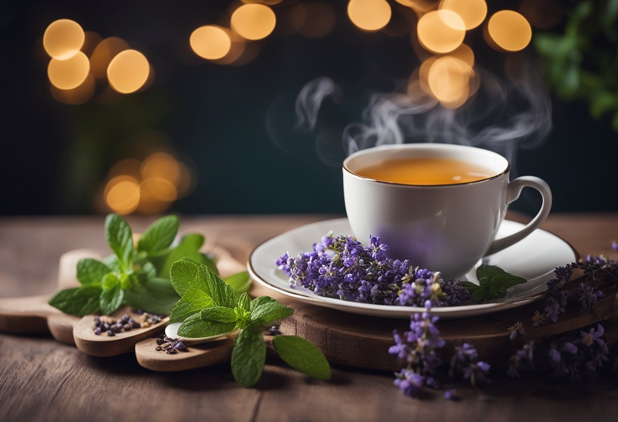 A cozy nighttime scene with a steaming cup of herbal tea surrounded by calming ingredients like lavender, chamomile, and mint