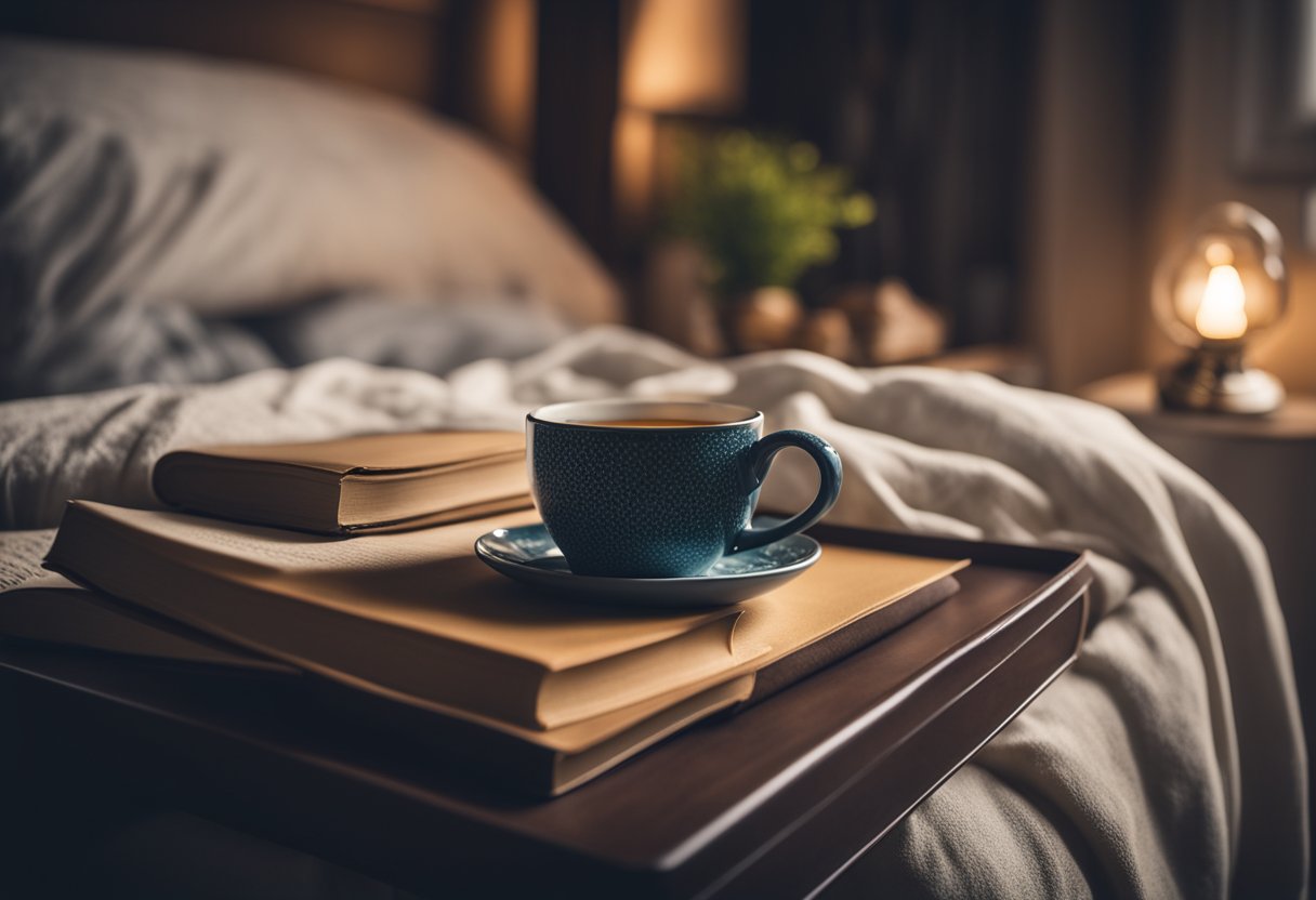 A cozy bedroom with a steaming cup of herbal tea on a nightstand, surrounded by calming elements like soft lighting, a comfortable bed, and a book for bedtime reading