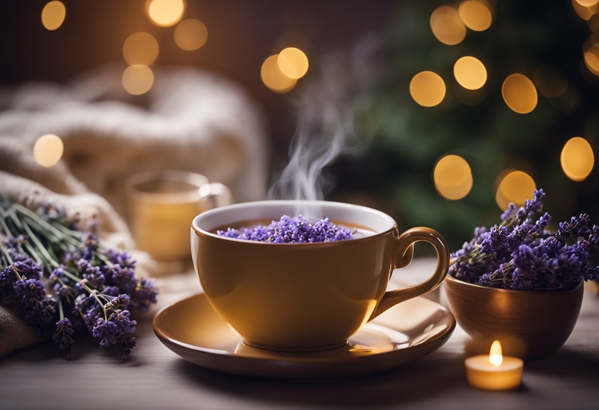 A cozy night scene with a steaming cup of herbal tea surrounded by calming elements like lavender, chamomile, and a warm blanket